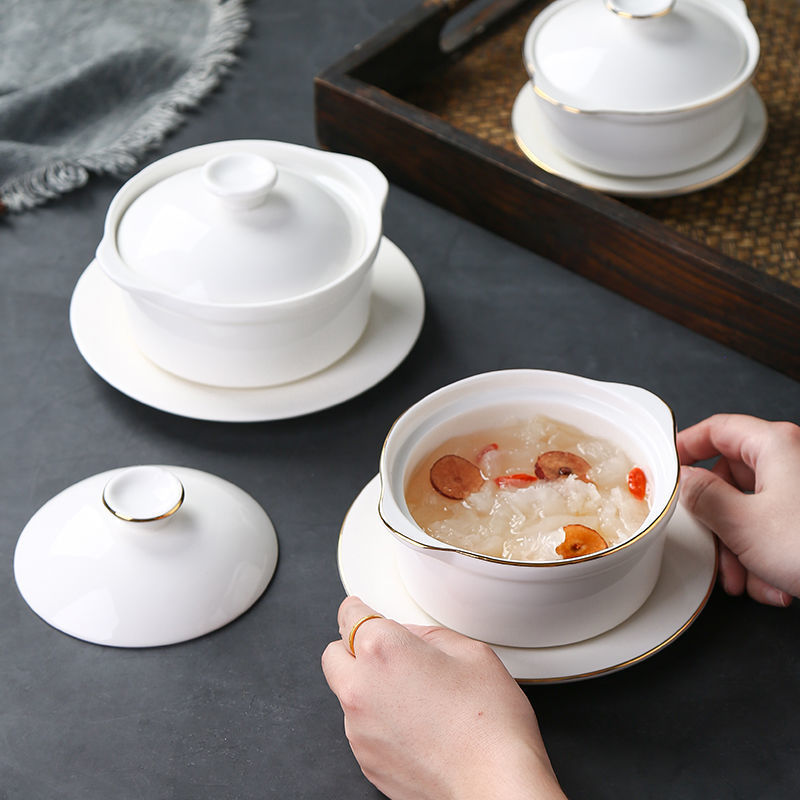 陶瓷西餐汤盅带盖双耳汤盅甜品炖品碗美容院甜品碗燕窝盅蒸水蛋碗