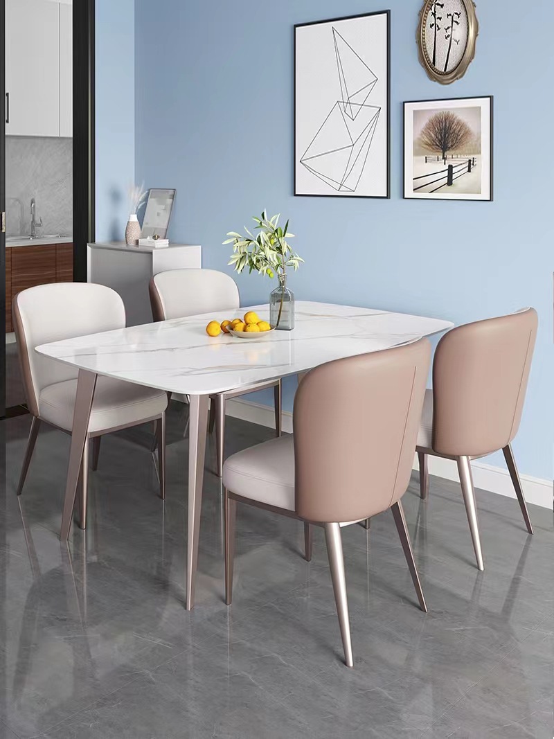 轻奢亮光岩板餐桌椅组合简约现代长方形西餐桌北欧家用小户型饭桌