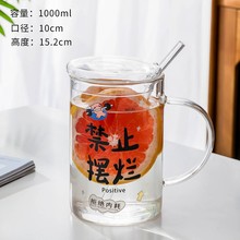 1L大容量吸管杯玻璃杯办公室不生气耐热水杯女高颜值带把手茶杯