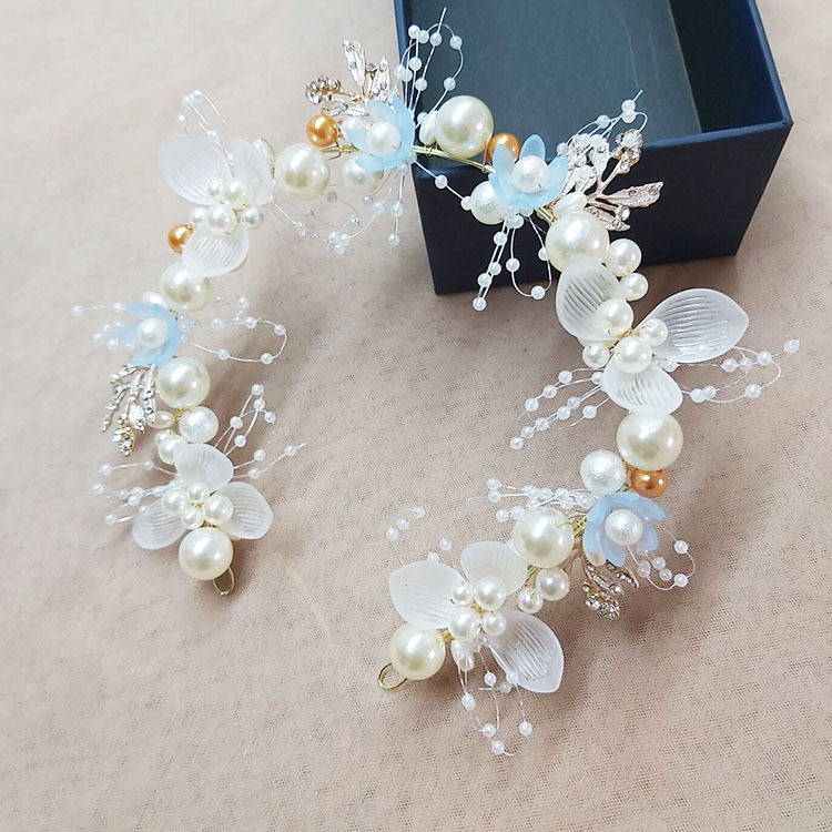 Denghou Bridal Hair Band New Pearl Flower Hair Band Hand-Woven Golden Leaf Headdress Children Headwear