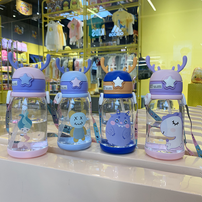 Water Cup Children's Straw Water Pot Cartoon Antlers Large Capacity Plastic Cup Summer Baby Student Big Belly Cup Customization