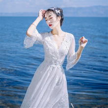 网纱镂空蕾丝连衣裙女夏新款巴厘岛海边度假沙滩长裙白色仙女裙敬