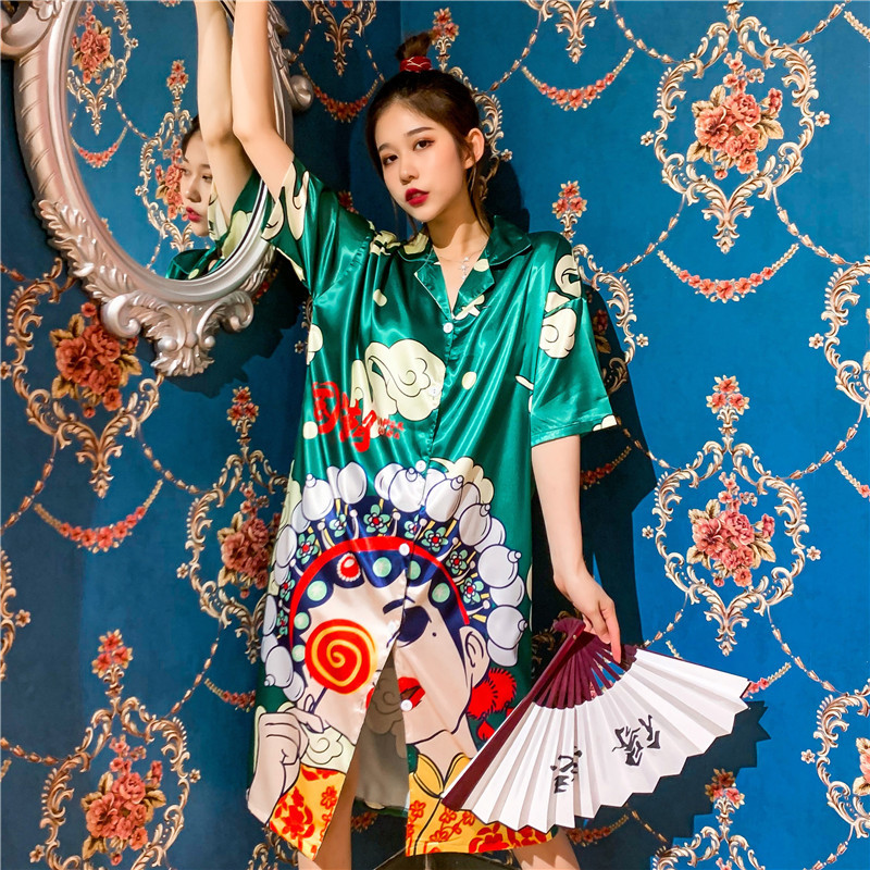 夏季新款国潮风睡衣女冰丝复古薄款开衫丝绸睡裙可外穿厂家批发_梦泽