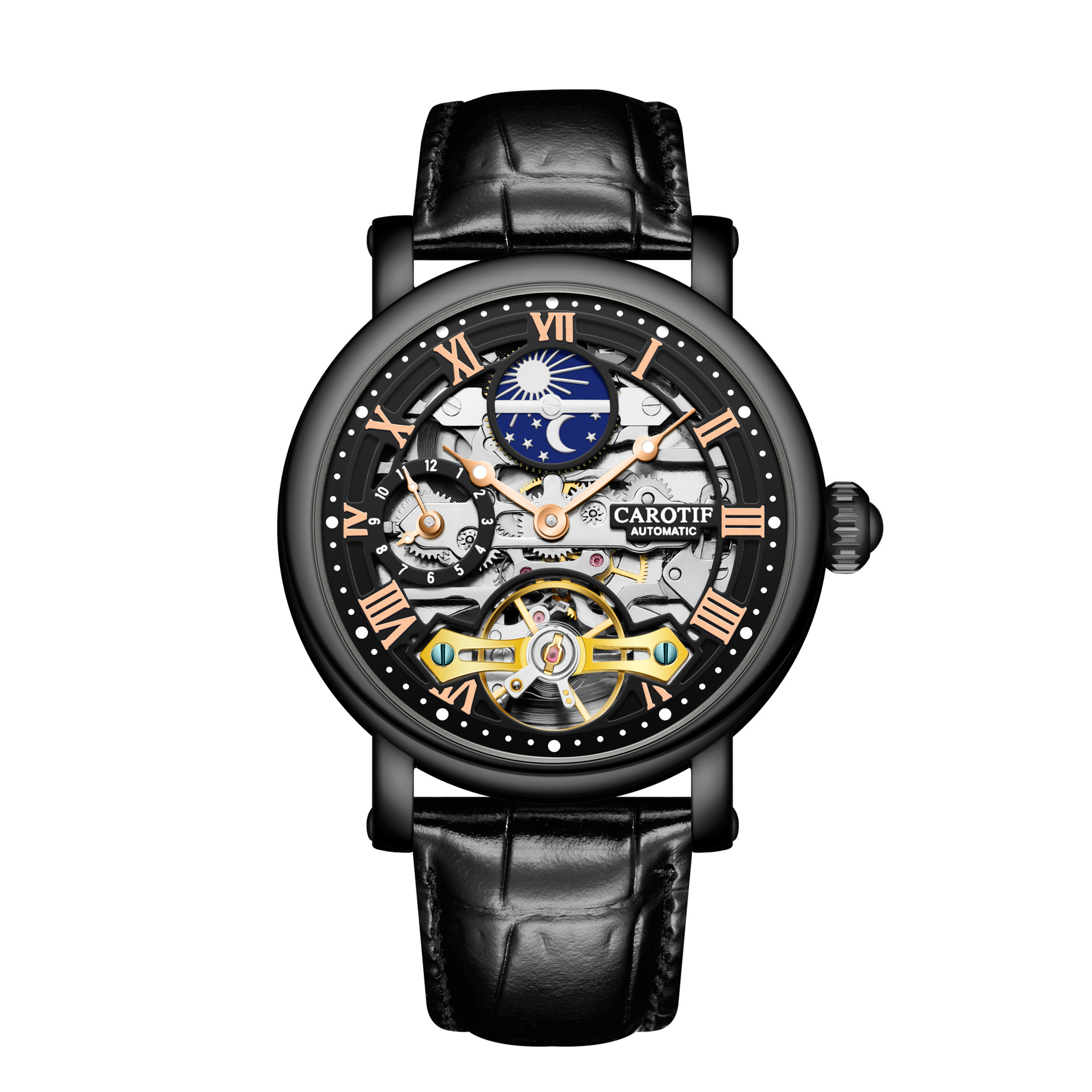 卡罗蒂夫商务休闲防水男士手表夜光真皮镂空机械表抖音爆款腕表