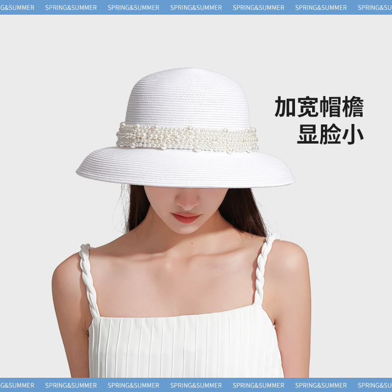 French Retro Hepburn Style Dome Pearl Hat Spring and Summer Travel Bucket Hat Wide-Brimmed Sunhat Female Fashion Straw Hat