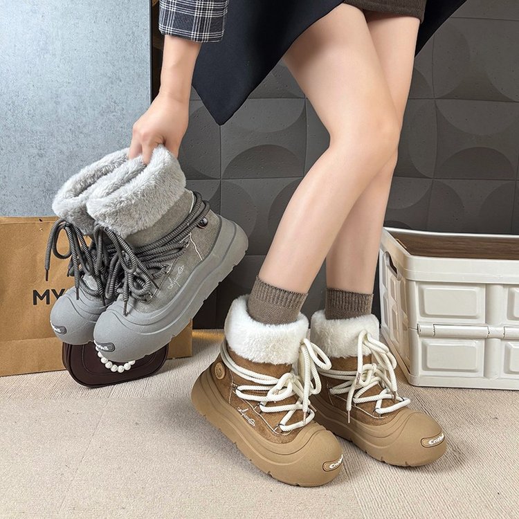 鞠婧祎同款真皮开口笑情侣款雪地靴女厚底保暖防水大头鞋靴学生潮