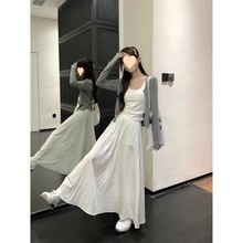 韩系薄款长袖开衫打底吊带背心白色长裙女春季2024新款时尚三件套