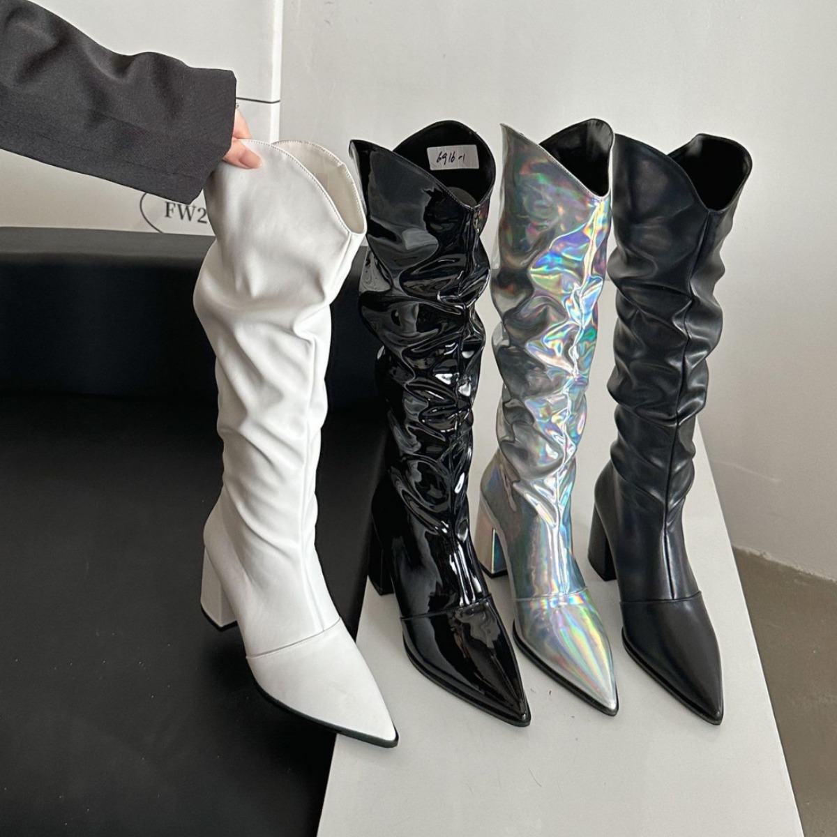 尖头粗跟褶皱堆堆靴性感辣妹长筒夏季漆皮长靴宽松显瘦跨境外贸靴