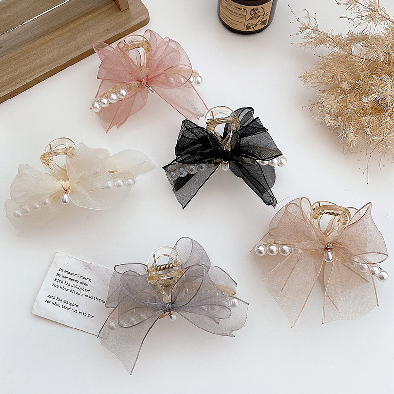 网纱蝴蝶结抓夹女韩版鲨鱼夹气质后脑勺发夹发卡网红头饰夹子