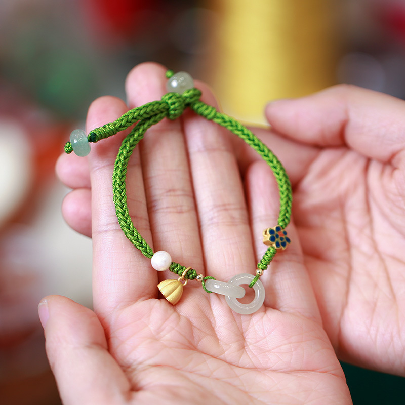 环环相扣手链 和田玉编织手绳民族风平安扣双环手链 闺蜜编绳礼物