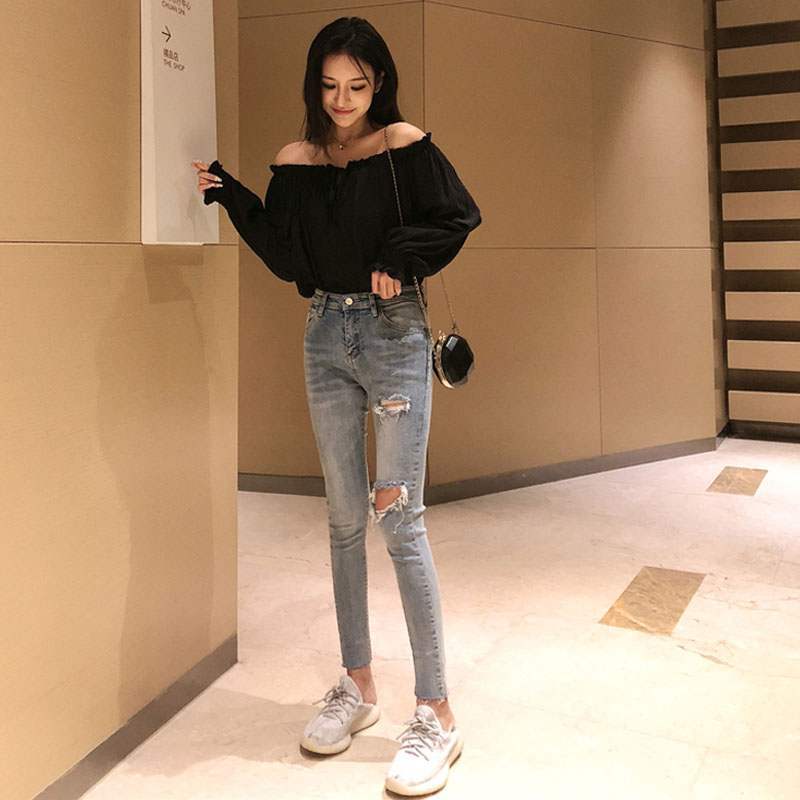 2023春秋新款烂破洞牛仔裤女九分紧身小脚裤chic高腰弹力铅笔裤潮