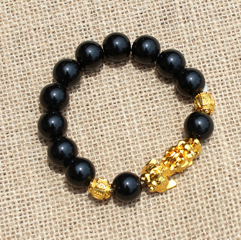 跨境爆款貔貅手链男女仿3d硬金99黑曜石招财佛珠手链现货天然手链