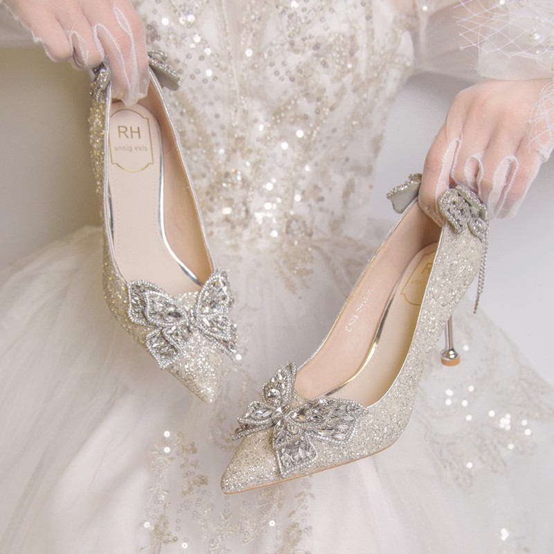 法式重工蝴蝶结婚鞋水晶鞋新款仙女风高跟鞋女细跟主婚纱闪亮名媛