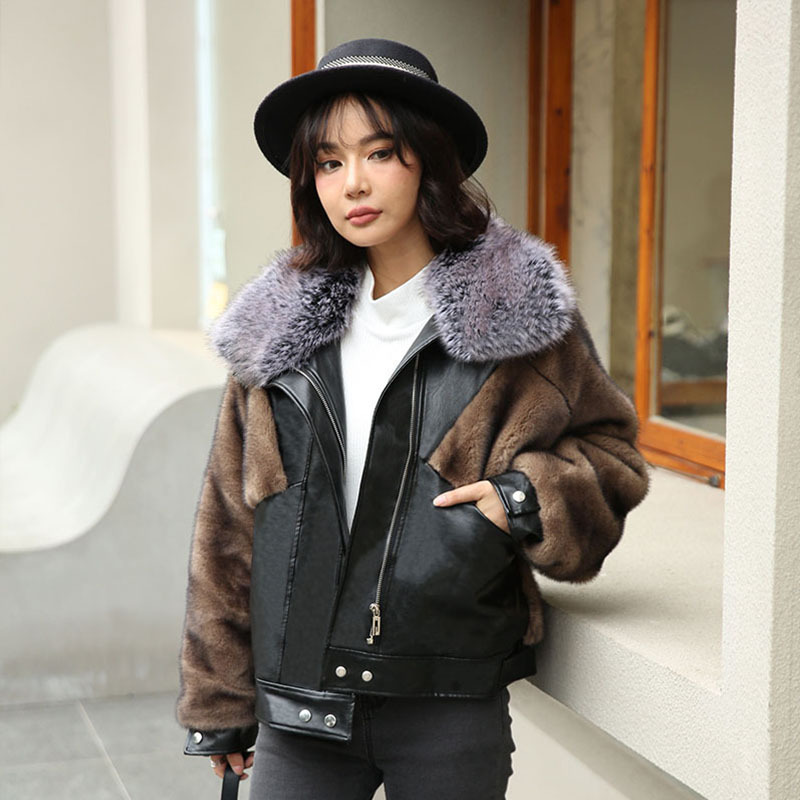 2023 Winter New Faux Fox Fur Collar Fur Coat Women's Korean Style Loose Imitated Mink Leather Fur Coat