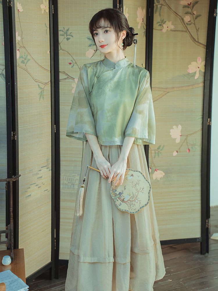 Original New Green Rose New Chinese Style Zen Tea Gown Fairy Girl Cheongsam Two-Piece Skirt Improved