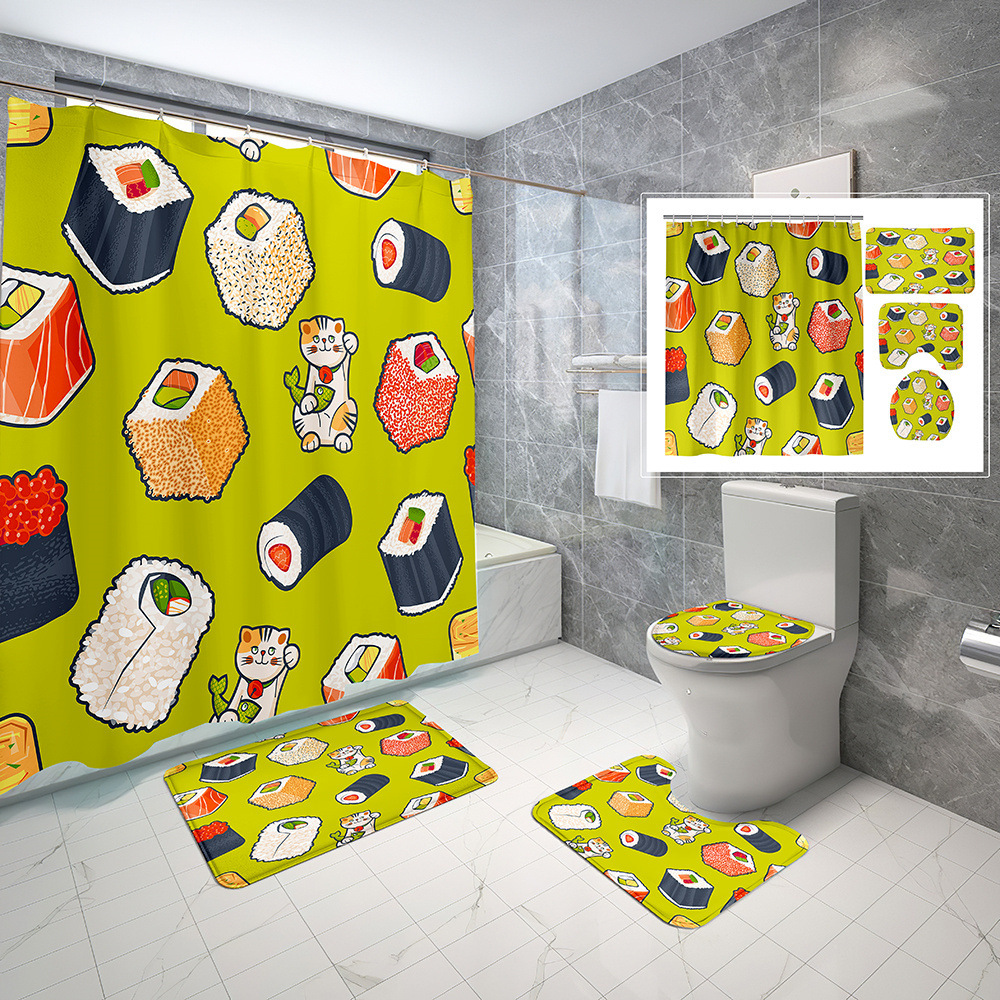 Digital Printing Shower Curtain Four-Piece Waterproof and Mildew-Proof Cartoon Sushi Cat Punch-Free Amazon Animal Shower Curtain