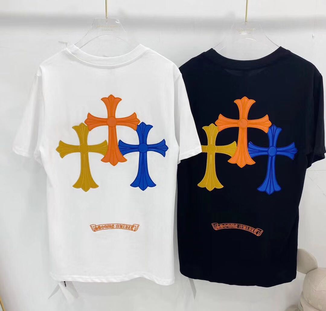 ins欧美潮牌可罗心短袖刺绣十字架贴布拼皮男女t恤百搭休闲ch上衣