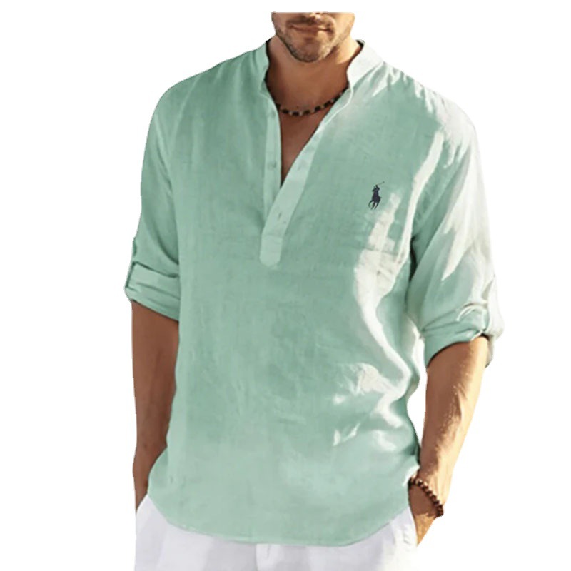 Exclusive for Cross-Border Long Linen Sleeves Embroidered Stand Collar Men's Polo Shirt plus Size