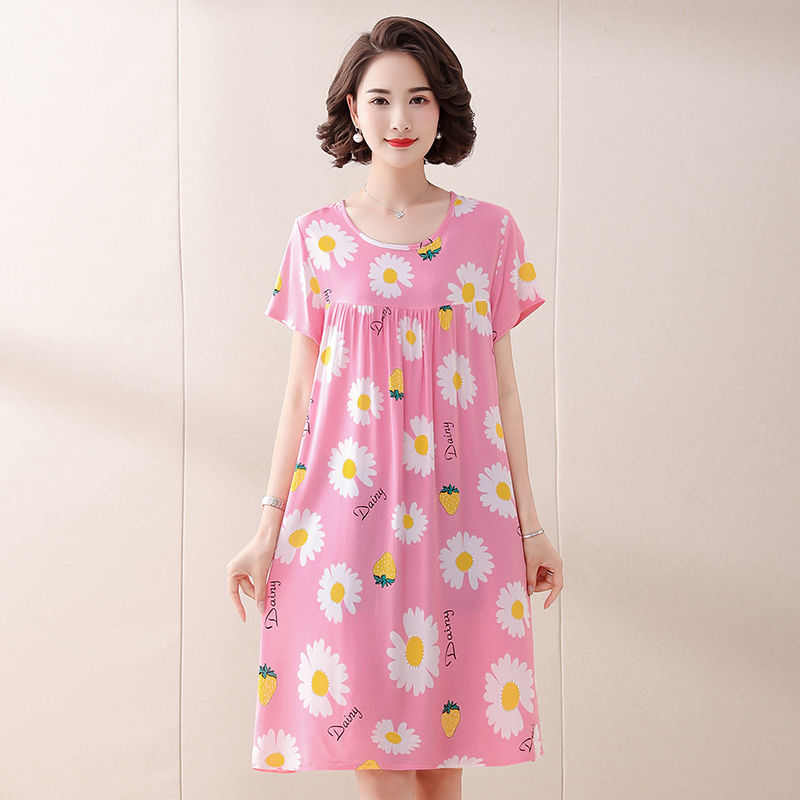 Nightdress Spring and Autumn Middle-Aged and Elderly Women's Cotton Silk Summer Pajamas Dress Mid-Length plus Size Homewear Mom Wear