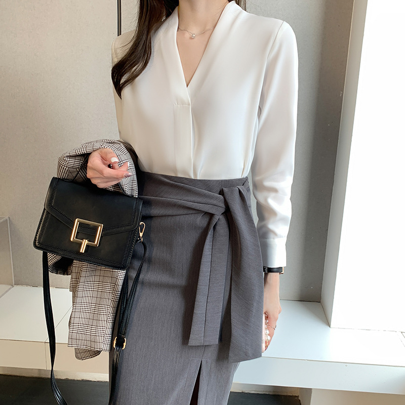 V-neck Long Sleeve Shirt Top Commuter Business Clothing Women's High-Grade Shirt White Liner Interview Bandage Dress Spring and Autumn