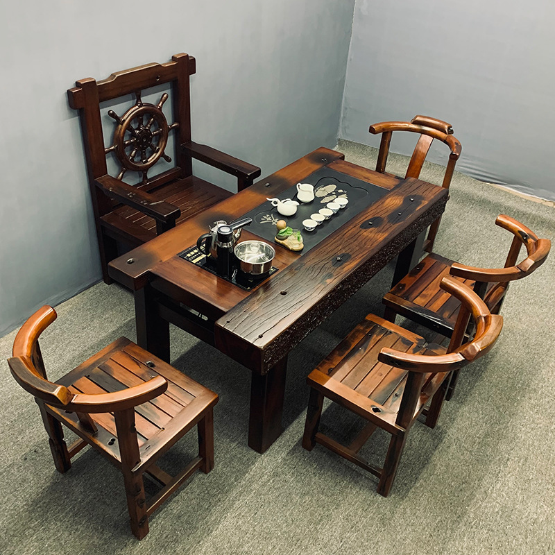 老船木茶桌椅组合实木小龙骨茶台客厅功夫泡茶桌复古阳台喝茶家具