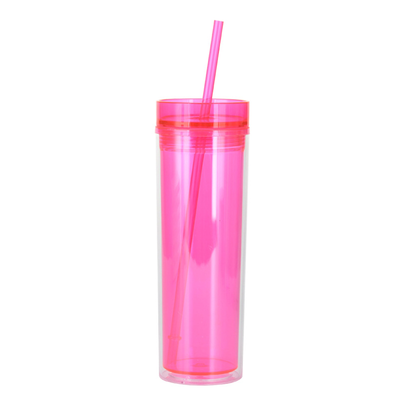 European and American Ins Style Fashion Water Cup Skinny Double-Layer Cup with Straw Transparent Tumbler with Straw Double Wall Water Bottle