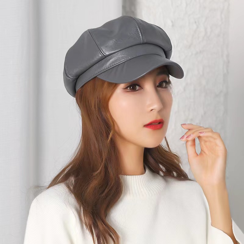 Autumn Winter Retro Beret Women's Pu Leather Pure Color All-Matching Painter Hat Spring Korean Style High-Profile Figure Octagonal Cap