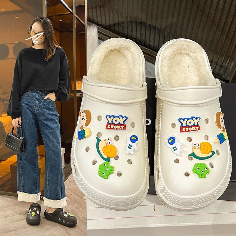 Fleece-lined Hole Shoes Cotton Slippers Women's Autumn and Winter Eva Thick Bottom Poop Feeling Warm Couples Cotton Shoes Confinement Shoes Wholesale