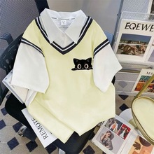 POLO领假两件短袖女夏装季2025新款韩版卡通印花宽松上衣潮