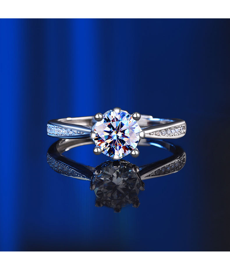 纯银s925经典莫桑石女钻戒款时尚八爪侧边镶钻开口可调节直播爆款