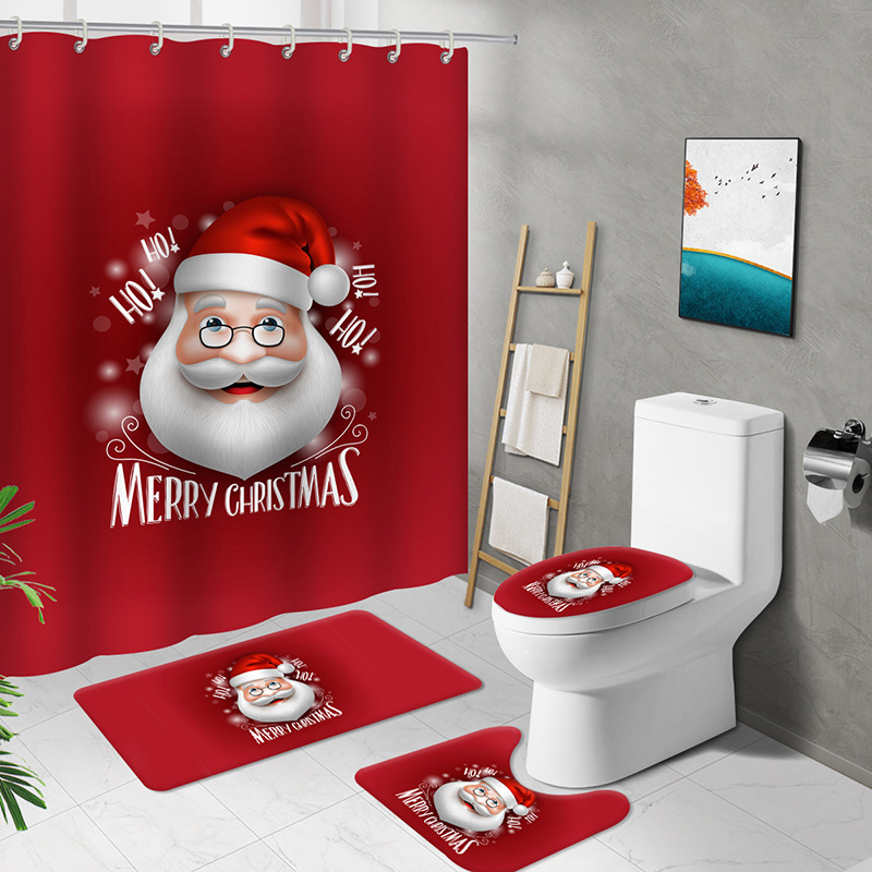 Amazon Santa Claus Printing Shower Curtain Waterproof and Mildew-Proof Four-Piece Polyester Shower Curtain Toilet Cover Floor Mat Four-Piece Set