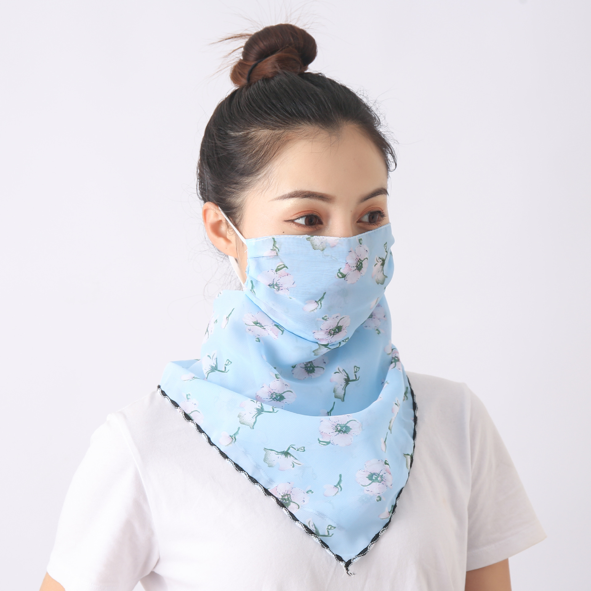 夏季时尚印花雪纺防晒口罩户外骑行护颈面罩开车遮阳三角巾围脖