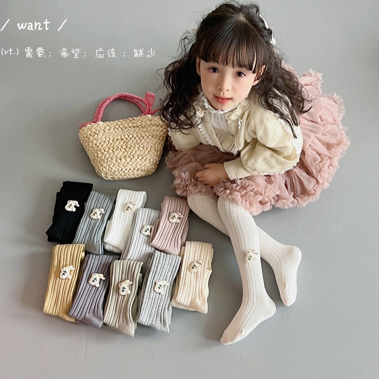 24春秋新款儿童连裤袜韩版可爱兔子女童连裤袜纯色粗条宝宝打底袜