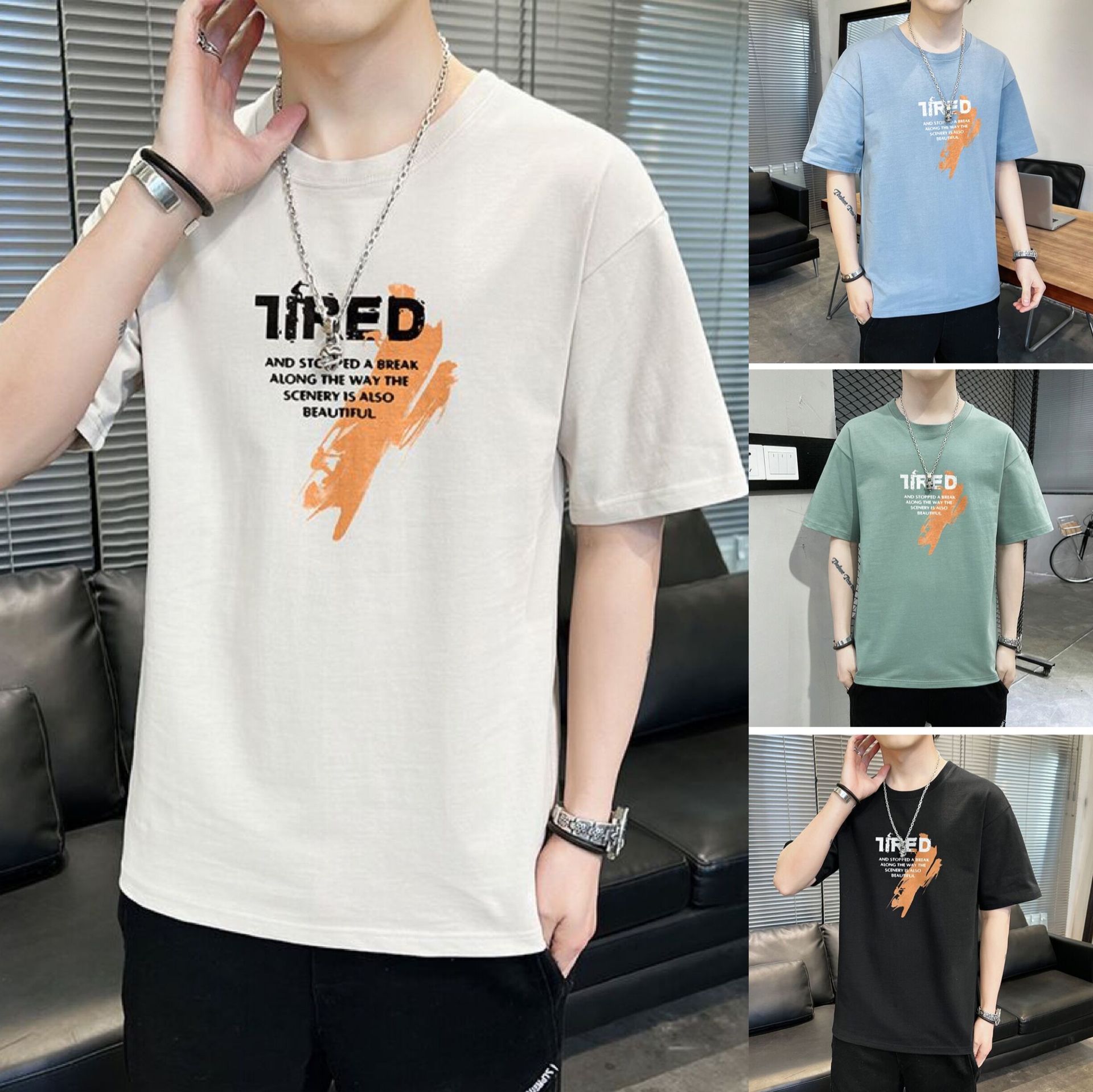 Short-Sleeved T-shirt Men's Cotton Summer New Men's Elbow-Sleeved Top T-shirt Men's Korean Style Fashionable Summer Clothing Fashion Top Clothes