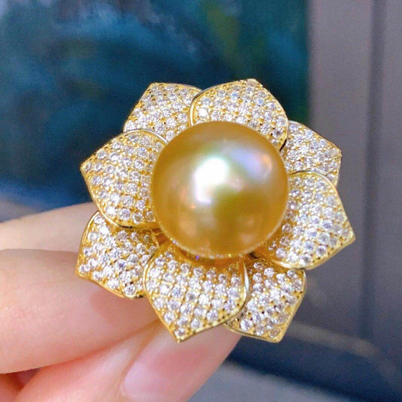 925银镶嵌天然海水南洋金珠戒指 12-13mm 强光微瑕 送高档首饰盒