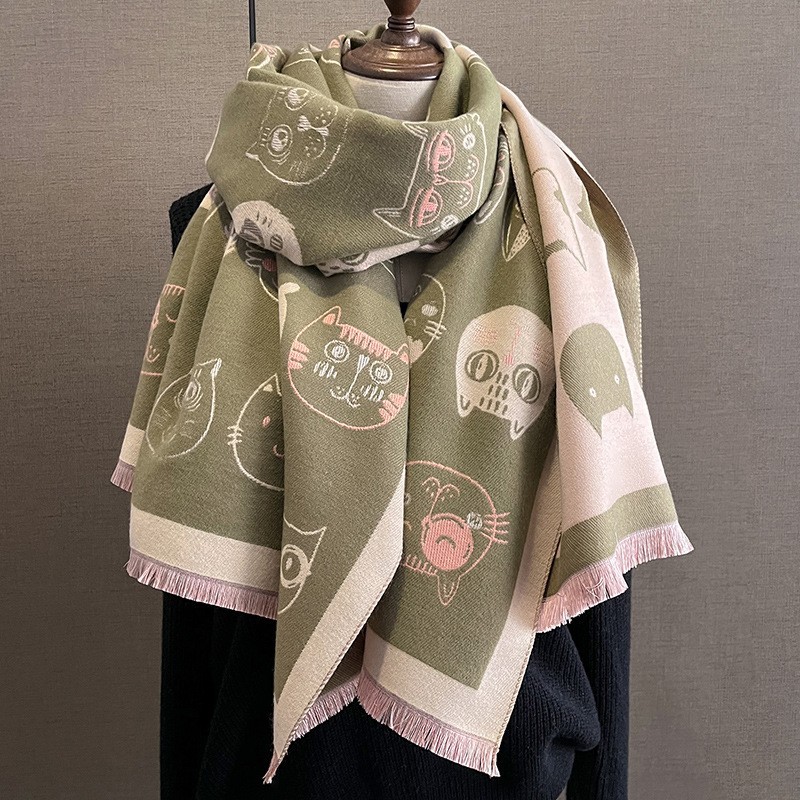 Korean Autumn and Winter New Cat Fashion Artificial Cashmere Scarf Women's Korean-Style Printed Elegant Warm Scarf Air Conditioning Shawl