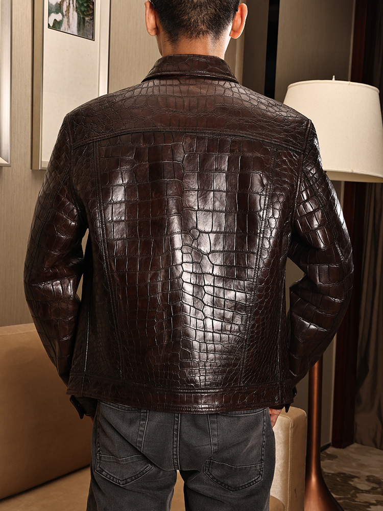 aresgator鳄鱼皮衣现货单排扣翻领休闲擦色直下摆鳄鱼真皮皮衣男