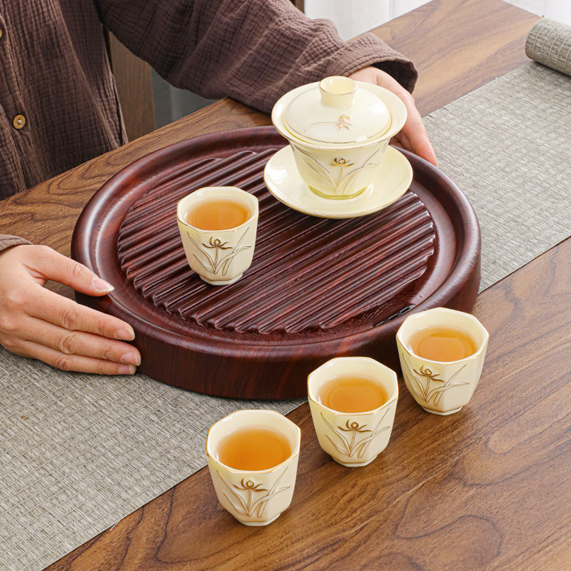 Solid Wood round Tray Tea Tray Simple Kung Fu Tea Set Office Home Porcelain Gaiwan Teapot Mini Set Wholesale