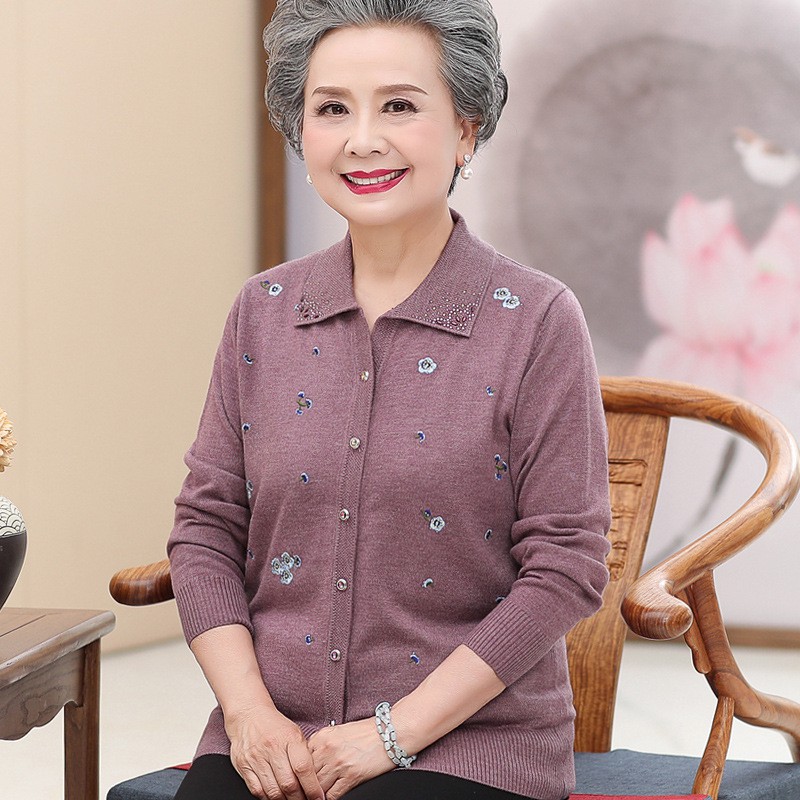 老年人秋装女薄款开衫妈妈上衣服60至70岁奶奶装太太秋冬毛衣外套