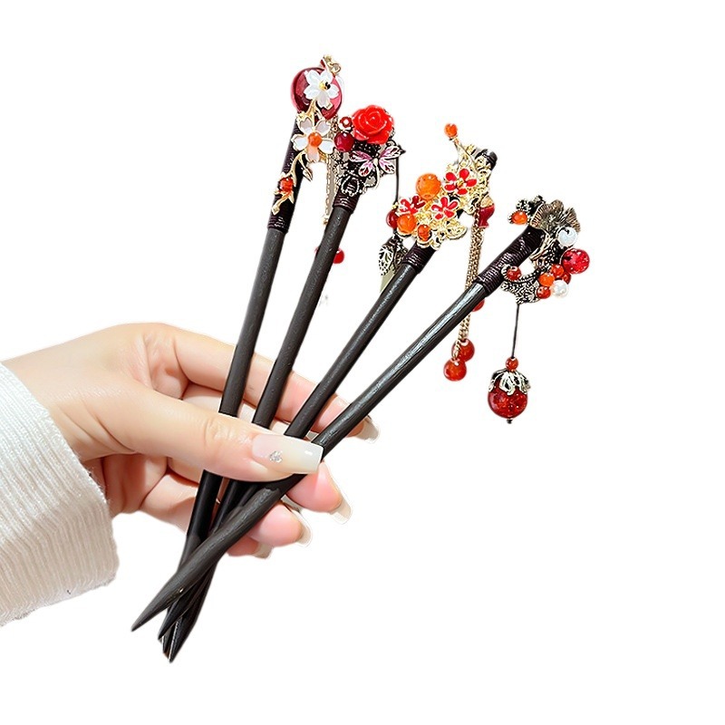 New Chinese Style Wooden Tassel Hairpin Advanced Red Flowers Hair Clasp Chinese Style Cheongsam Han Chinese Clothing Accessories Antique Hair Accessories