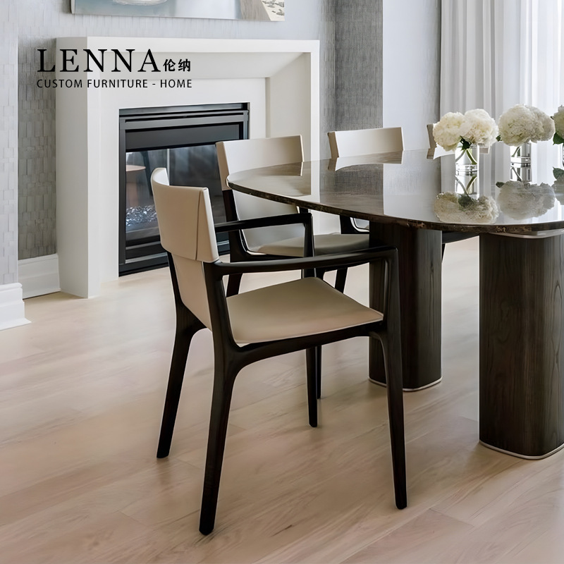 lenna 意式极简现代简约马鞍皮餐椅 设计师经典款实木餐桌椅书椅-阿里