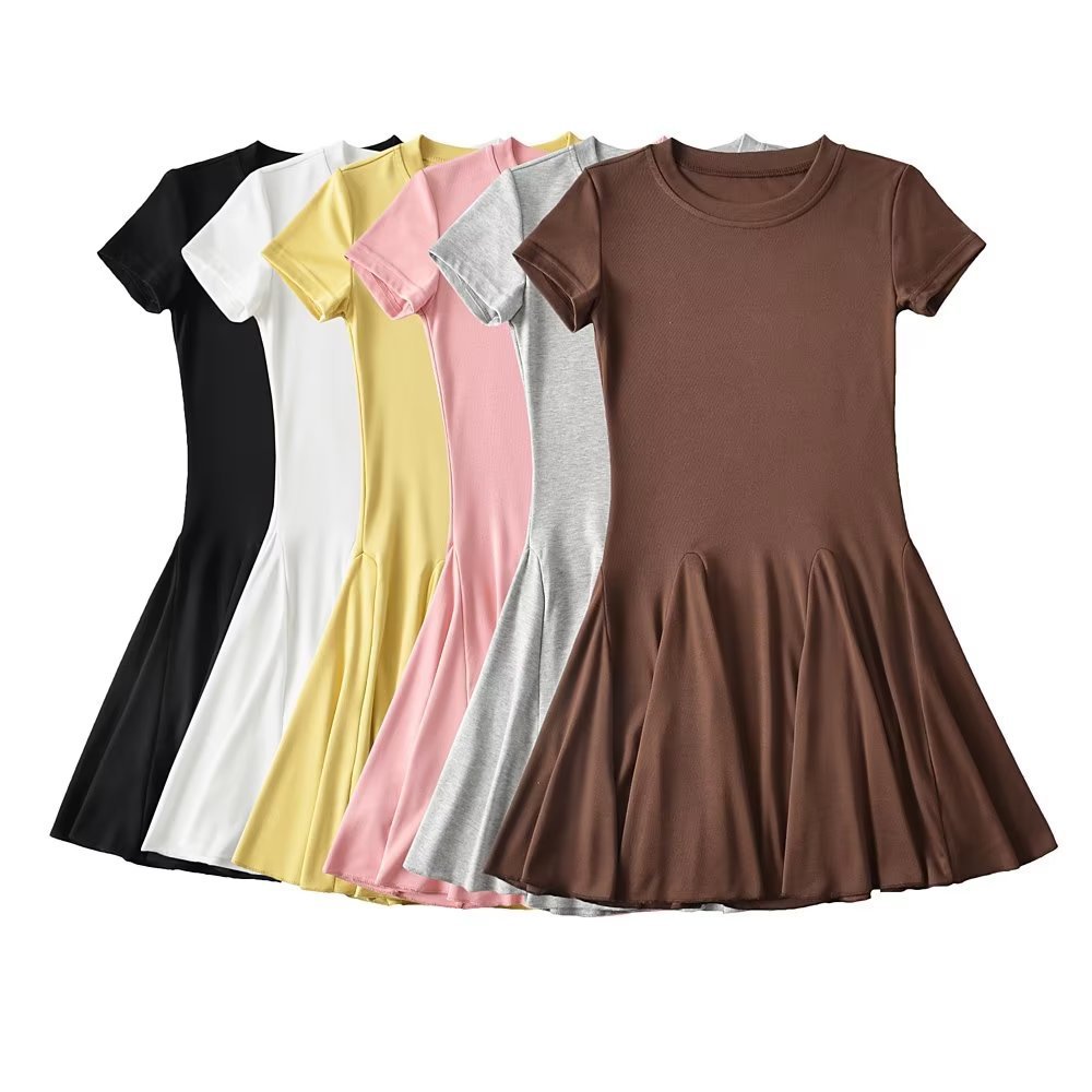 外贸批发春季新款女装纯色圆领短袖弹力紧身收腰显瘦大裙摆连衣裙