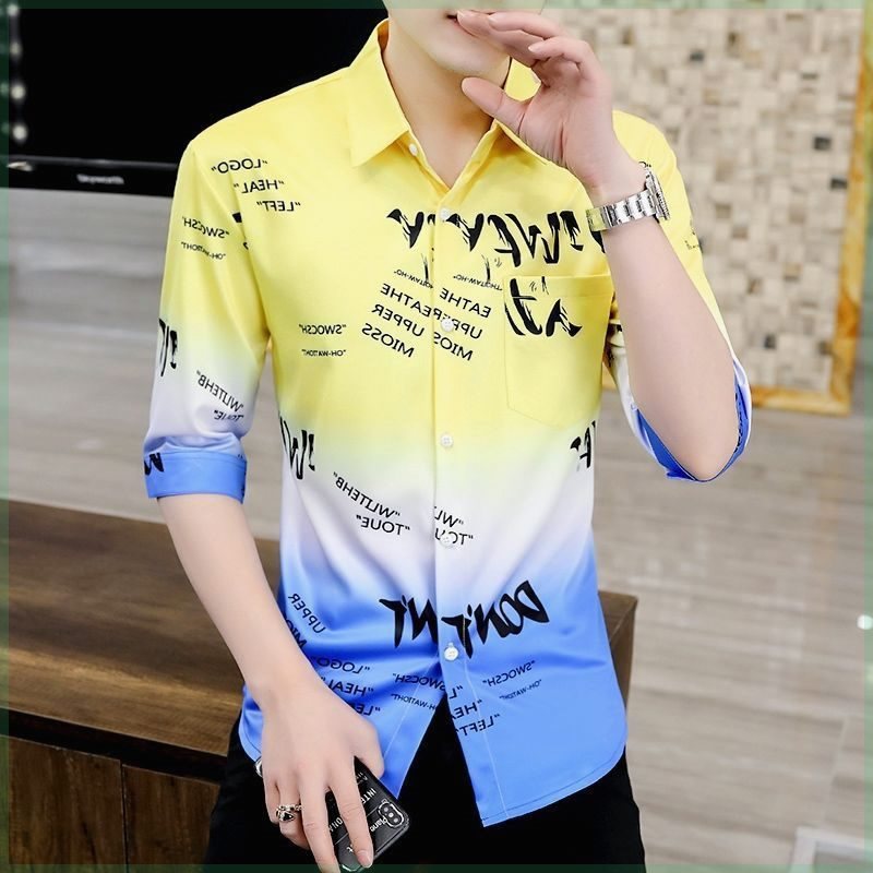 夏季新款清仓男士衬衫渐变色印花短袖七分袖衬衣发型师韩版潮流男