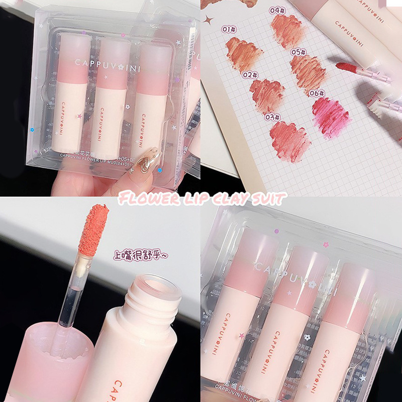 cappuvini flower lip mud matte velvet lipstick milk tea color lip lacquer set box makeup cross-border beauty makeup