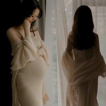 孕妇摄影服饰唯美卡其色开衫裙影楼主题服装大肚妈孕妇照服装