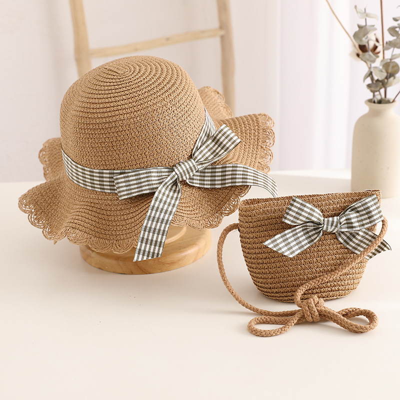 Hot Sale Children's Hat Bag Combination Bow Decoration Sun Protection Sunshade Photography Parent-Child Travel Sun Hat Straw Hat