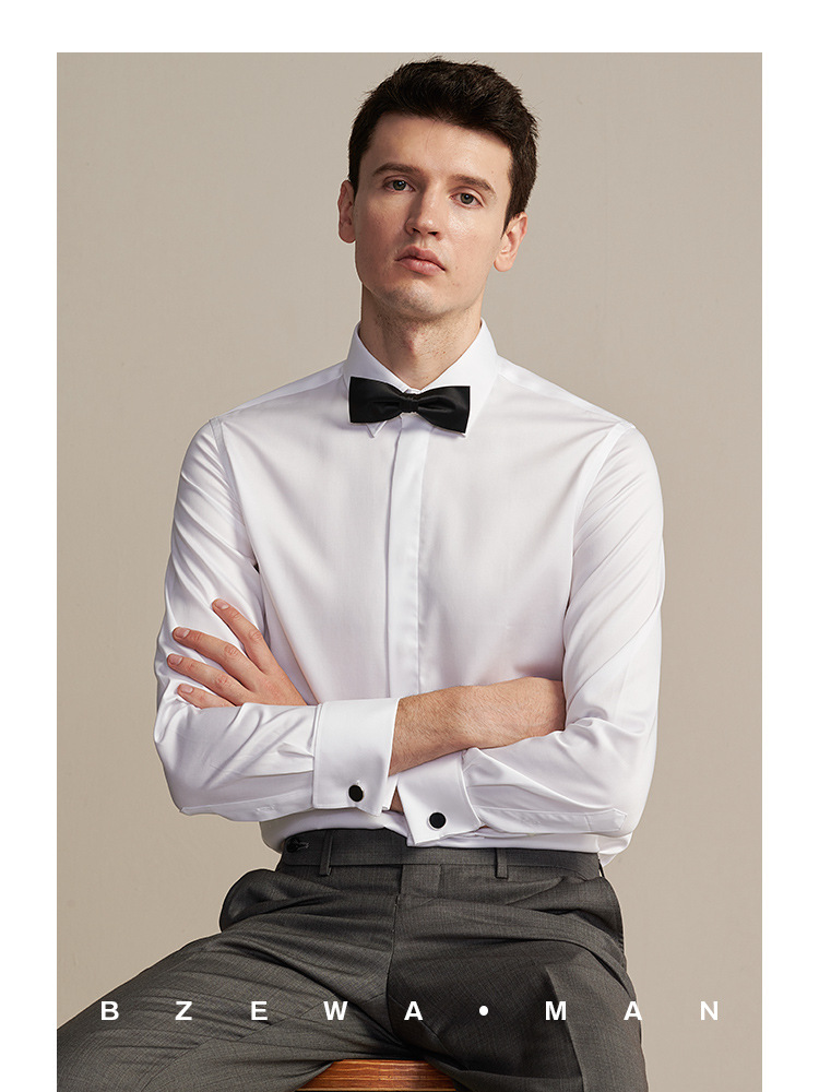 法式小领衬衫男长袖丝光棉无褶伴郎婚礼商务修身袖扣礼服衬衣