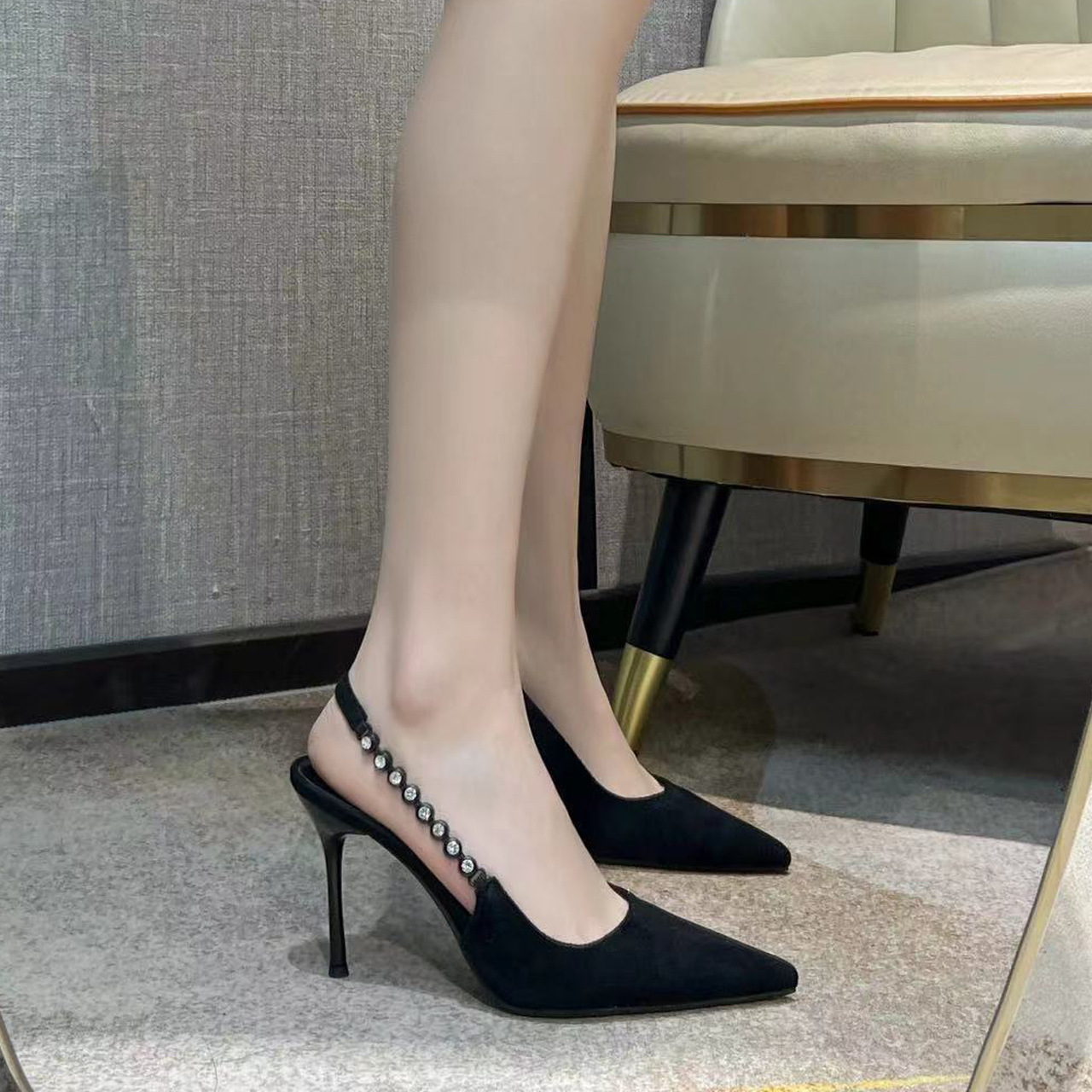 韩版纯色高跟鞋女2024年新款夏季小众设计尖头单鞋百搭细跟设计感