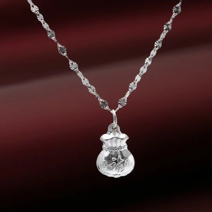 坠链925足银雪花链项链加大加厚福字钱袋子吊坠素款福袋吊坠项链