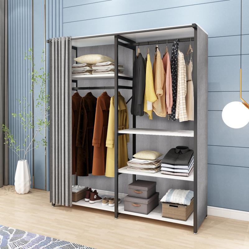 开放式钢木简约衣柜双层防尘组装家用公寓落地收纳挂衣架卧室租房